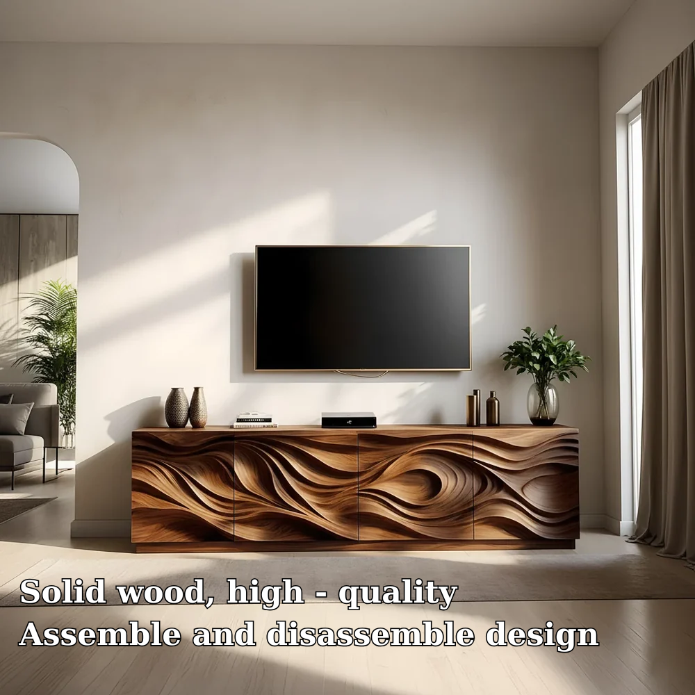 Solid Wood TV Stand Modern Walnut Media Console with Sculpted Wave Doors and Storage
