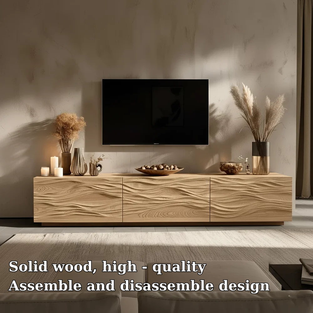 Solid Wood TV Stand Modern Oak Media Console with Wave Carved Doors and Storage