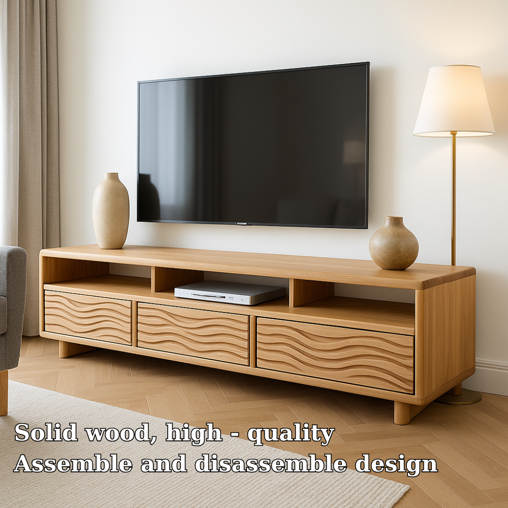 Solid Wood TV Stand Modern Oak Media Console with Wave Drawers and Open Storage