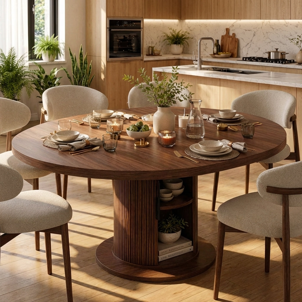 Round Solid Wood Dining Table – Walnut Pedestal Table with Storage Base