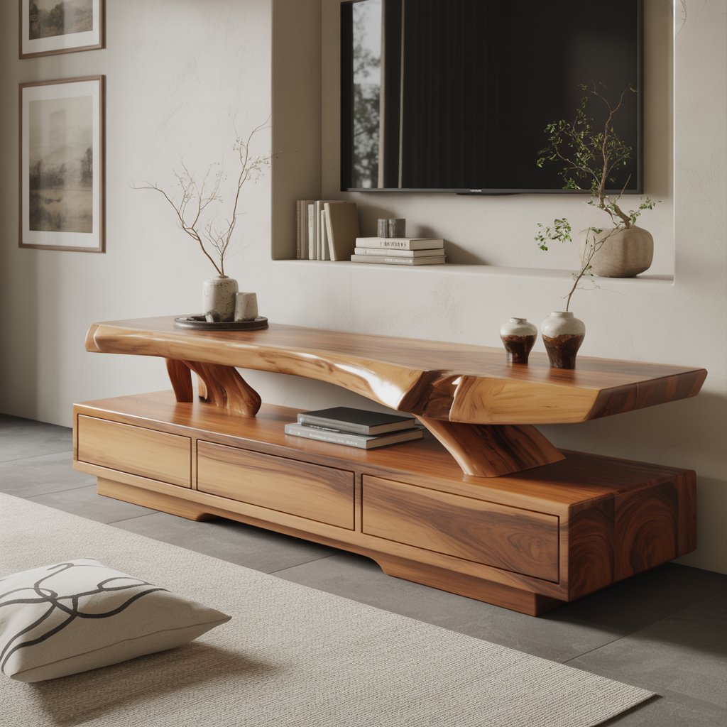 Solid Wood TV Stand with Live Edge Top – Modern Media Console Table