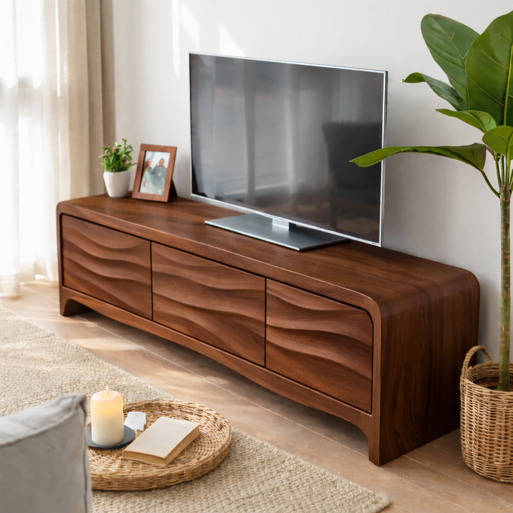 Solid Wood TV Stand with Wave Front Drawers for Modern Living Spaces