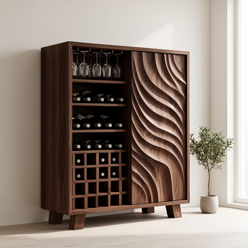 Solid Wood Wine Cabinet with Sculpted Wave Door and Bottle Storage