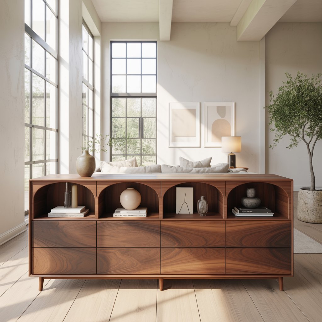 Solid Wood Console Table with Arched Open Shelves and Drawer Storage