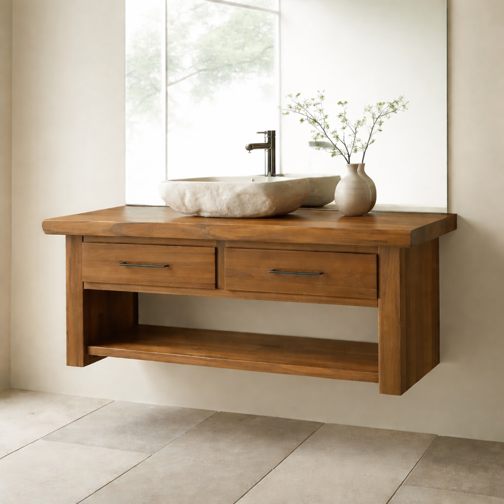 Floating Solid Wood Bathroom Vanity with Storage Shelf