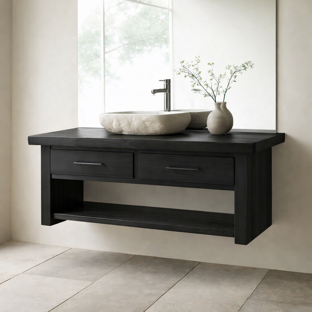 Floating Solid Wood Bathroom Vanity with Storage Shelf
