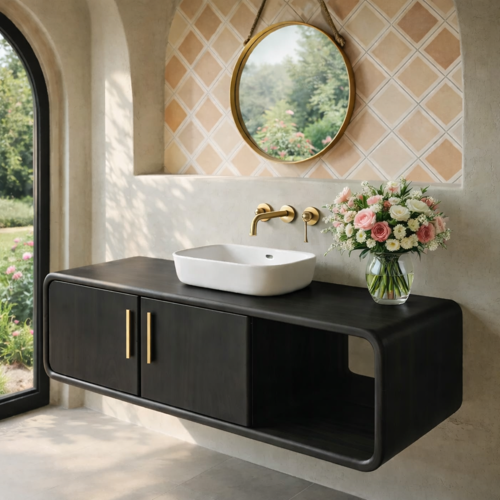 Floating Solid Wood Bathroom Vanity with Cabinet Doors and Open Shelf for Elegant Bathrooms