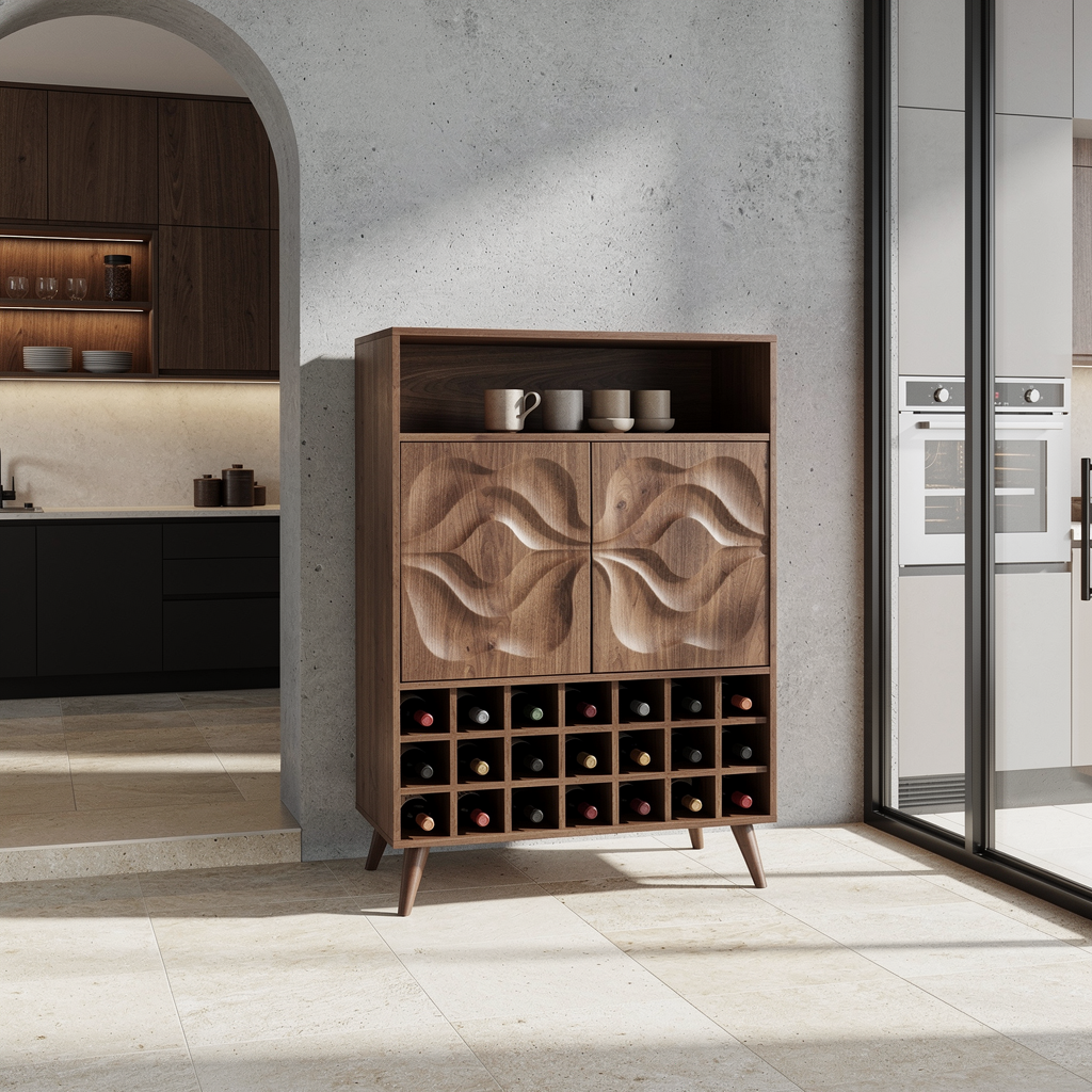 Solid Wood Wine Cabinet with Carved Doors and Grid Bottle Storage
