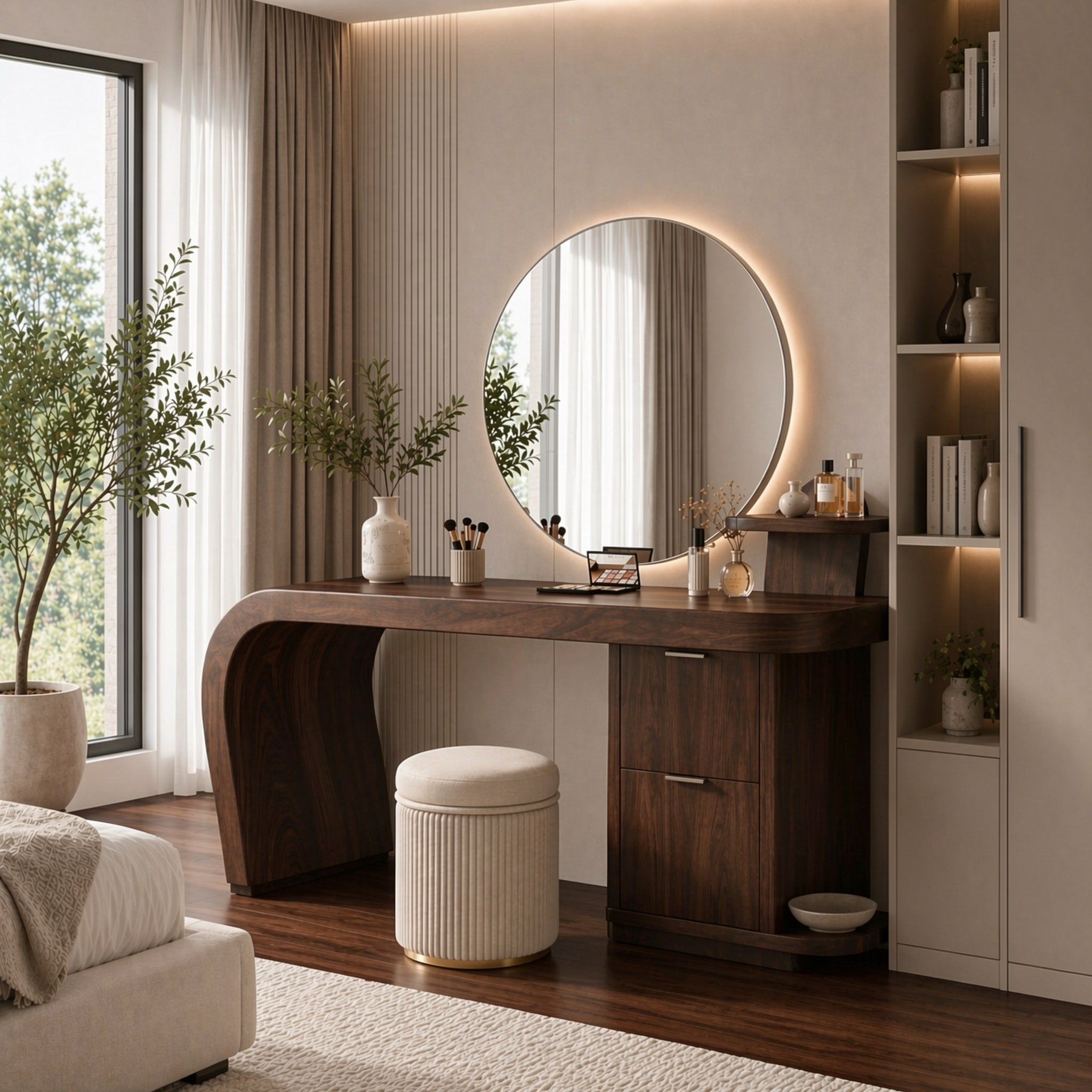 Solid Wood Makeup Vanity Desk with Curved Base and Storage Cabinet