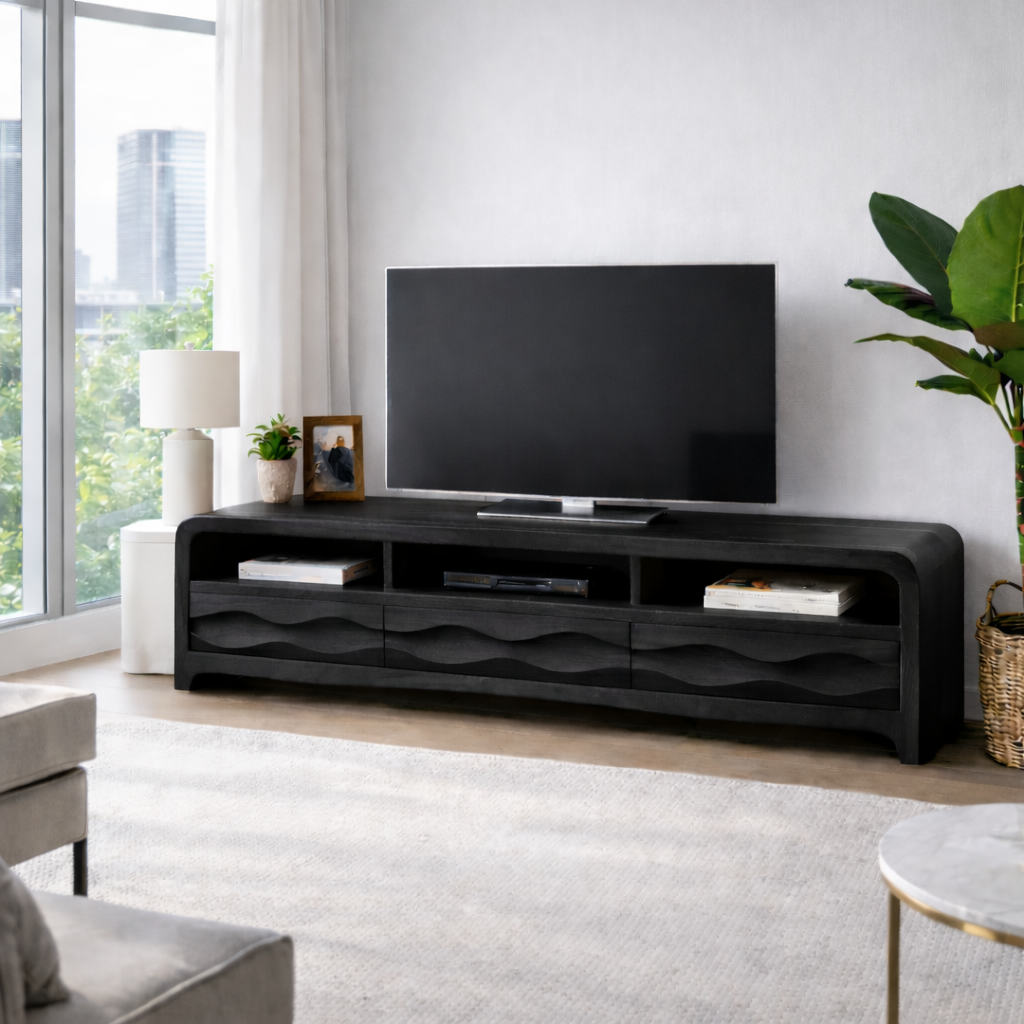 Solid Wood TV Stand with Wave-Front Drawers and Open Shelf for Stylish Living Spaces
