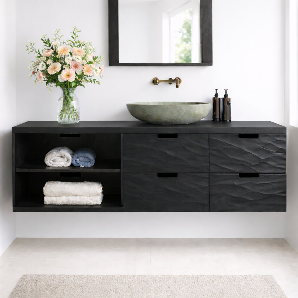 Floating Solid Wood Bathroom Vanity with Textured Drawer Fronts and Open Shelf – Modern Rustic Wall Mounted Vanity