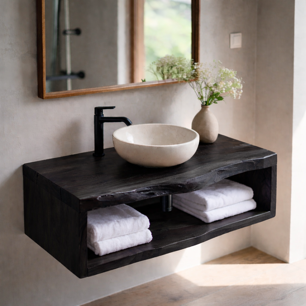 Live Edge Floating Bathroom Vanity, Solid Wood Wall Mounted Vanity Shelf with Storage
