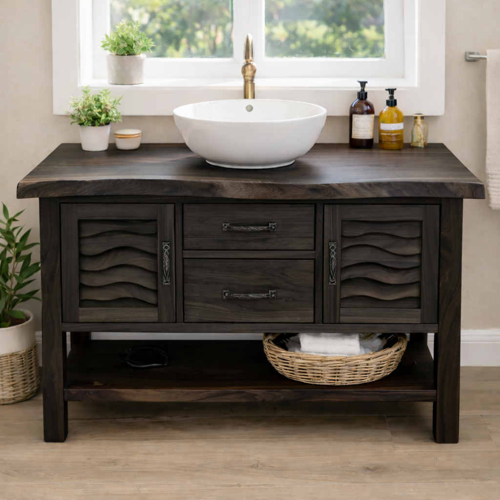 Solid Wood Bathroom Vanity with Sculpted Wave Doors and Open Shelf