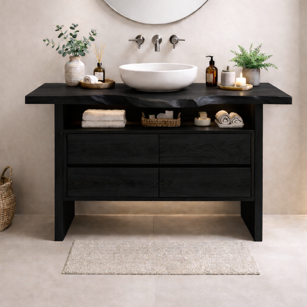 Solid Wood Bathroom Vanity with Open Shelf and Four Drawers