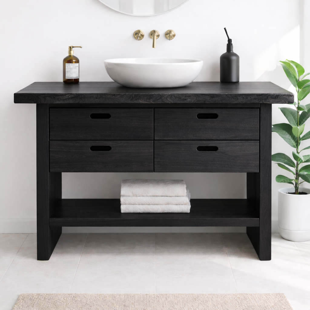 Solid Wood Bathroom Vanity Cabinet with Live Edge Top, 4 Drawers and Open Storage Shelf