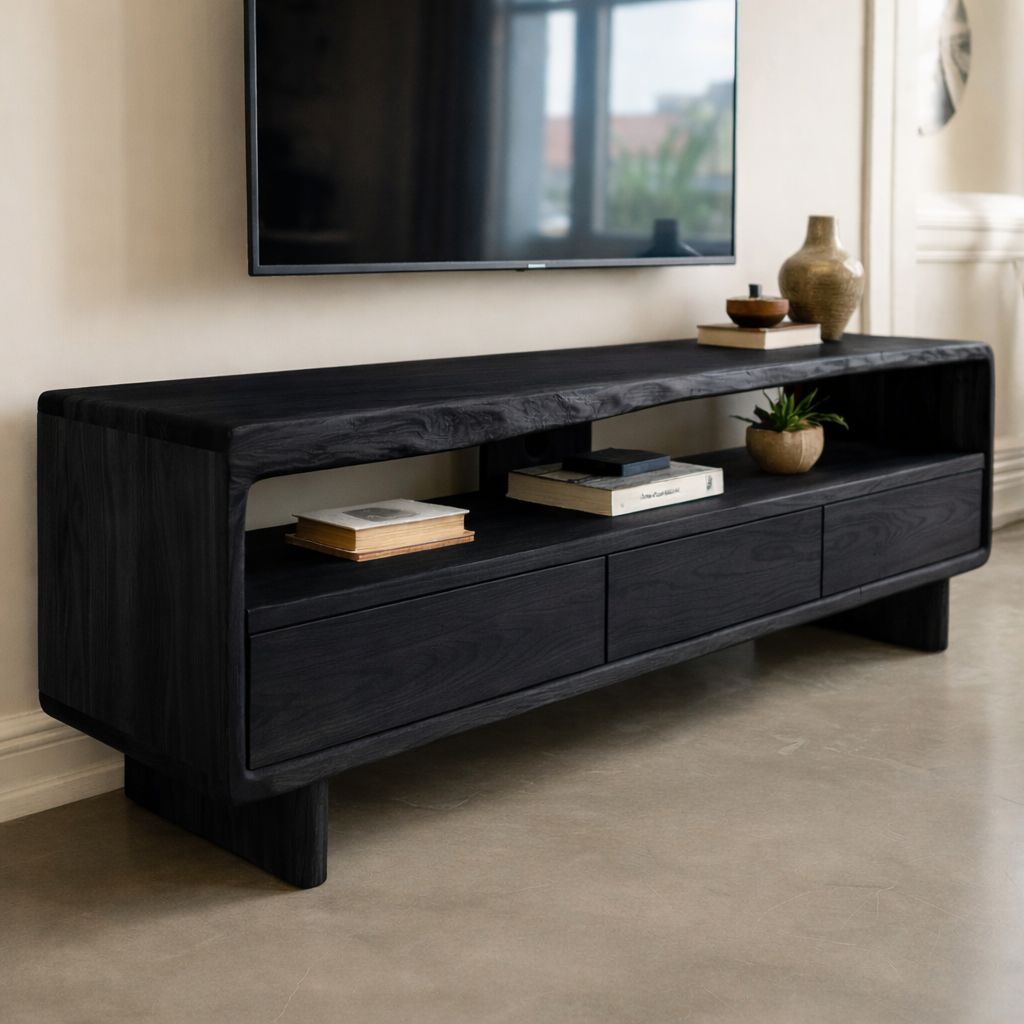 Mid Century Modern Solid Wood TV Stand – Walnut Media Console with Storage Drawers