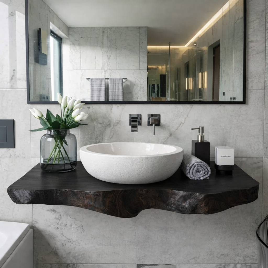 Floating Live Edge Solid Wood Bathroom Vanity Shelf – Natural Wood Wall Mounted Vanity Top