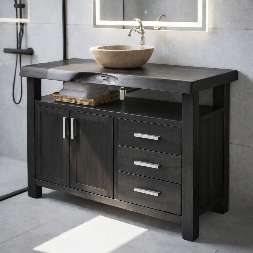 Solid Wood Bathroom Vanity with Cabinet Doors, Three Drawers and Open Shelf – Freestanding Natural Wood Vanity