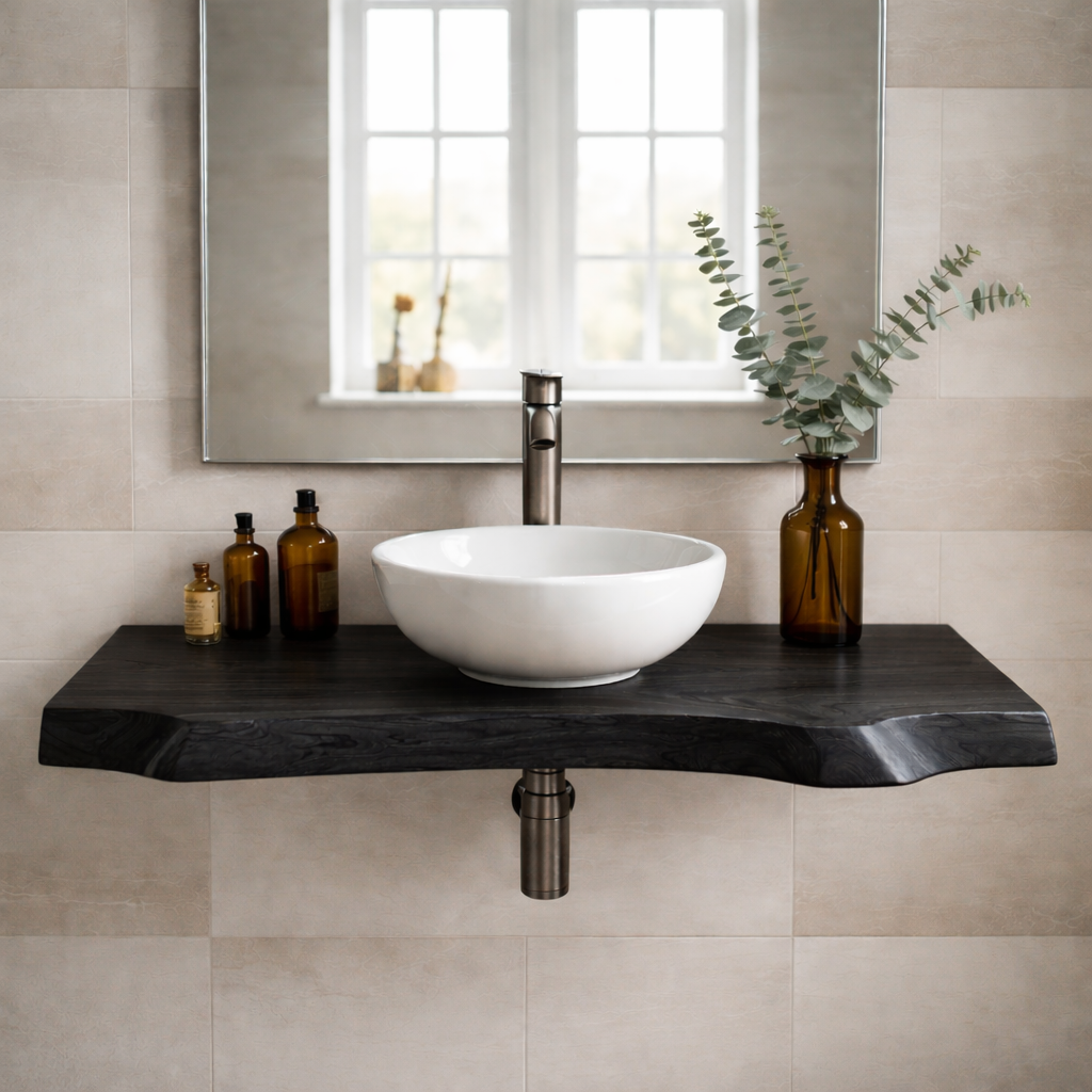 Floating Live Edge Solid Wood Bathroom Vanity – Wall Mounted Natural Wood Slab Vanity