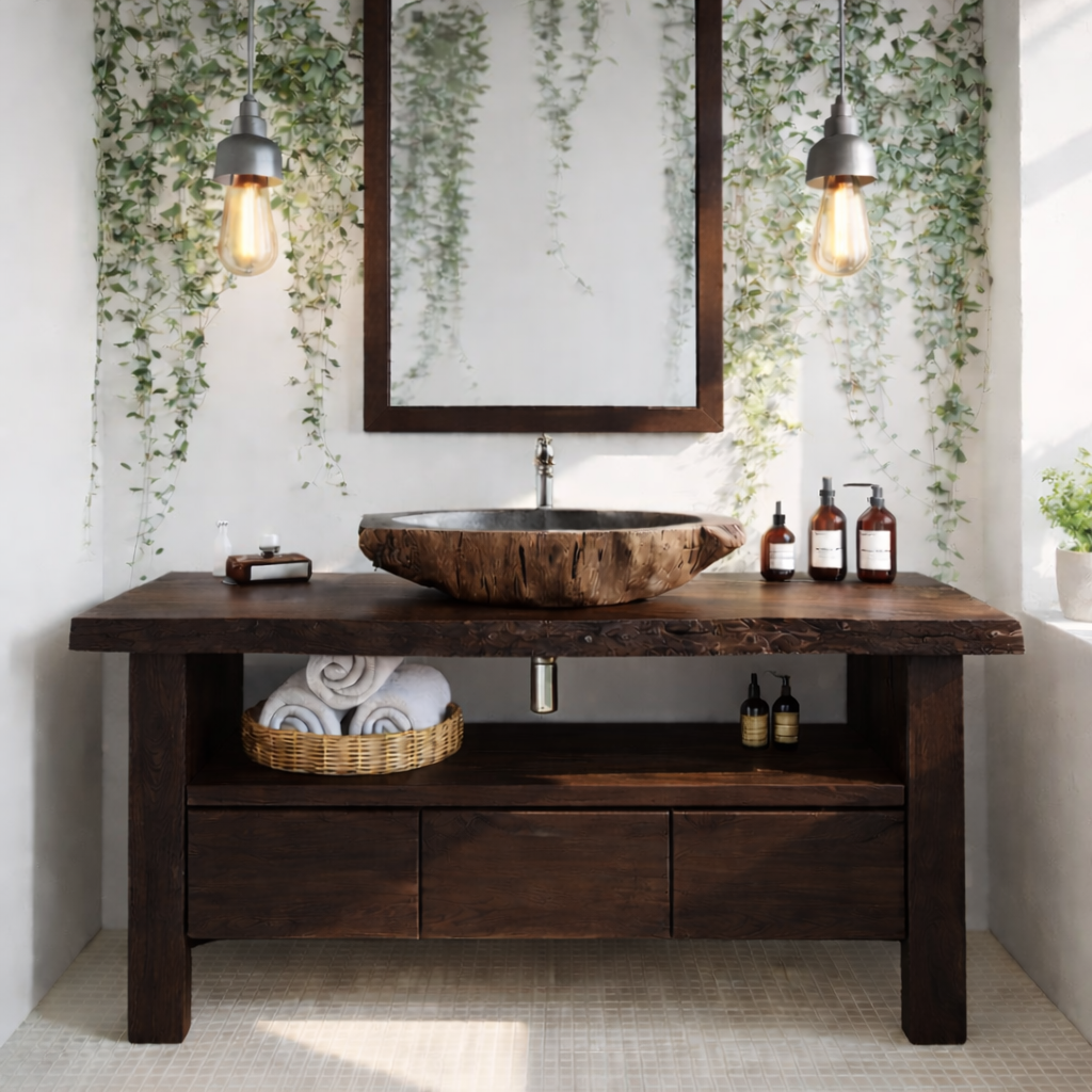 Live Edge Solid Wood Bathroom Vanity with Drawers and Open Shelf – Rustic Natural Wood Bathroom Vanity