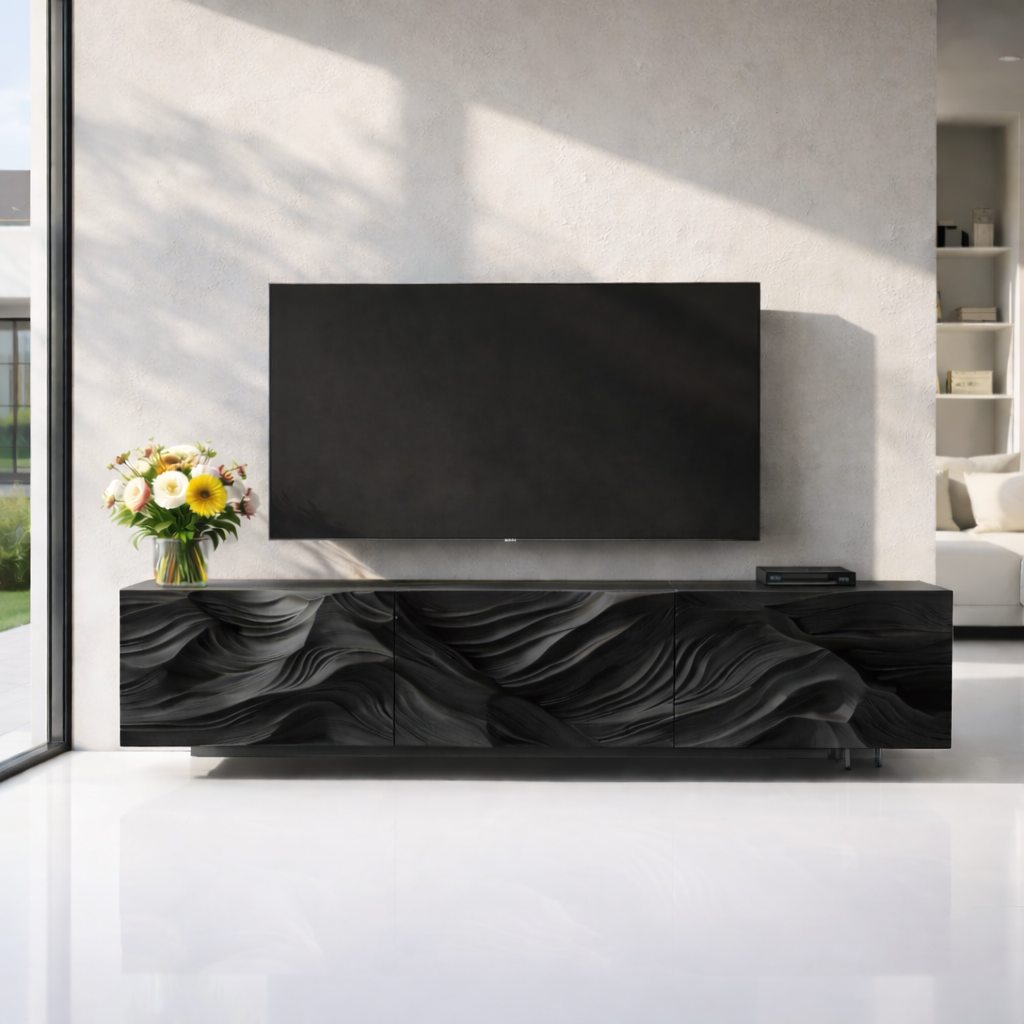 Modern Solid Wood TV Stand with Artistic Carved Front – Walnut Media Console Cabinet