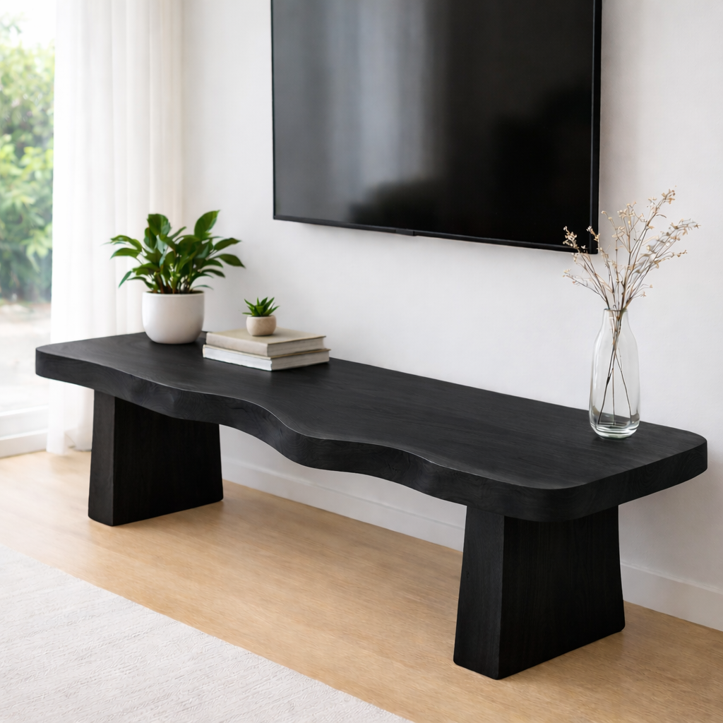 Live Edge Solid Wood TV Stand – Rustic Walnut Media Console Table for Living Room