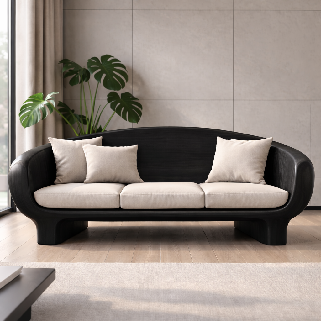 Modern Solid Oak Sofa with Curved Wooden Frame Minimalist Scandinavian Living Room Couch