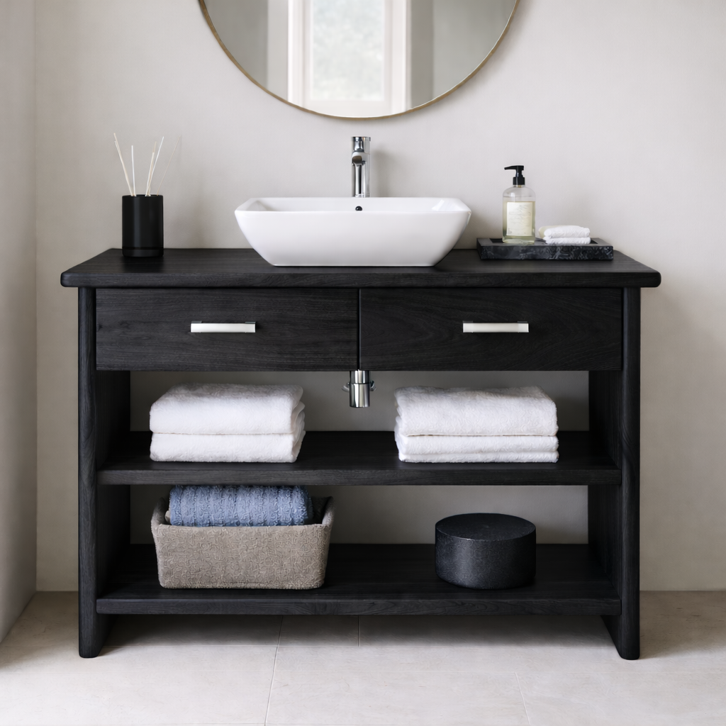 Solid Wood Bathroom Vanity Cabinet with Drawers and Open Shelves – Modern Freestanding Single Vanity