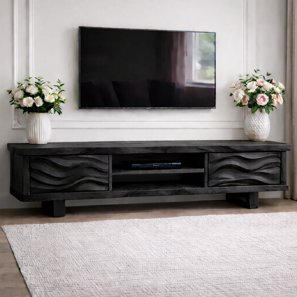 Solid Wood TV Stand with Wave Pattern Doors Modern Wooden Media Console for Living Room