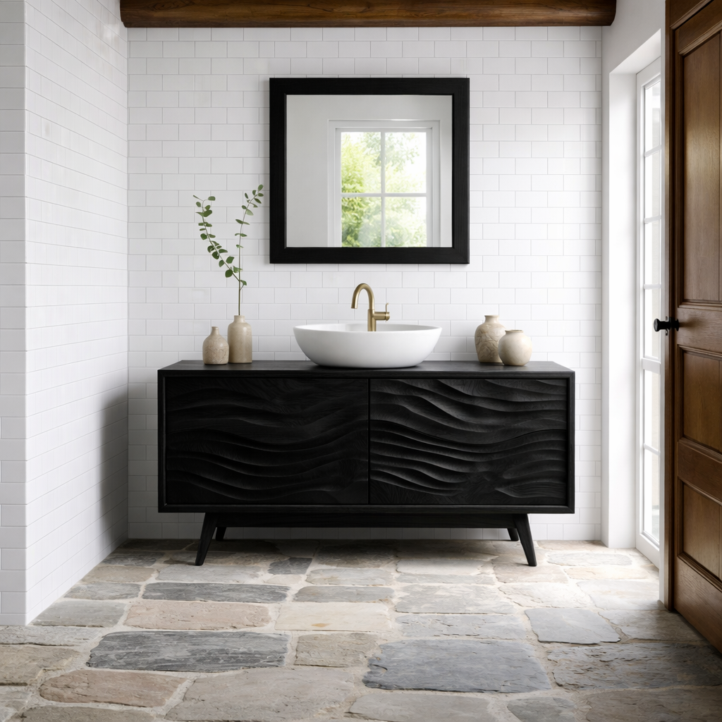 Solid Wood Bathroom Vanity with Wavy Surface Design and Storage Cabinet