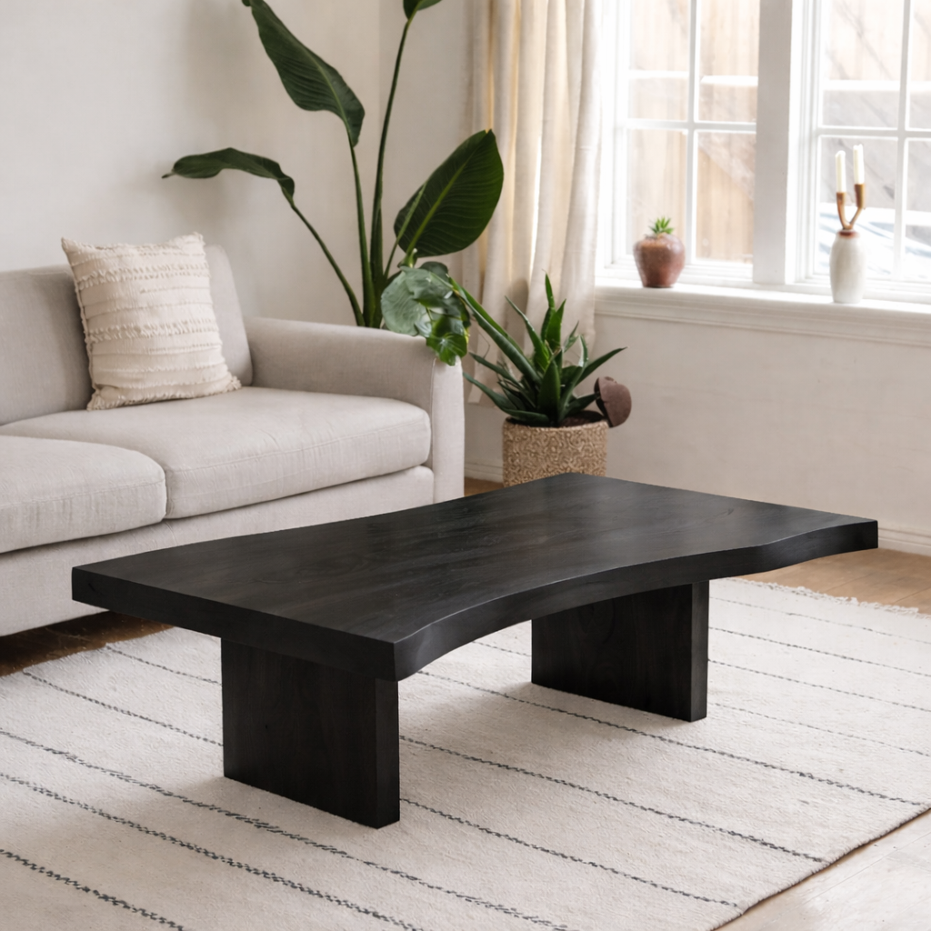 Solid Wood Coffee Table with Live Edge Top and Minimal Block Legs