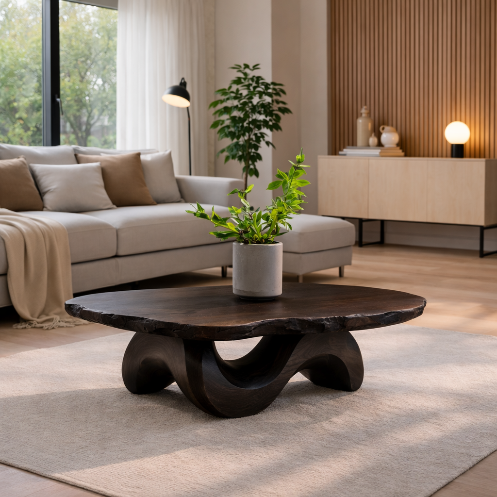 Live Edge Solid Wood Coffee Table with Sculptural Curved Base
