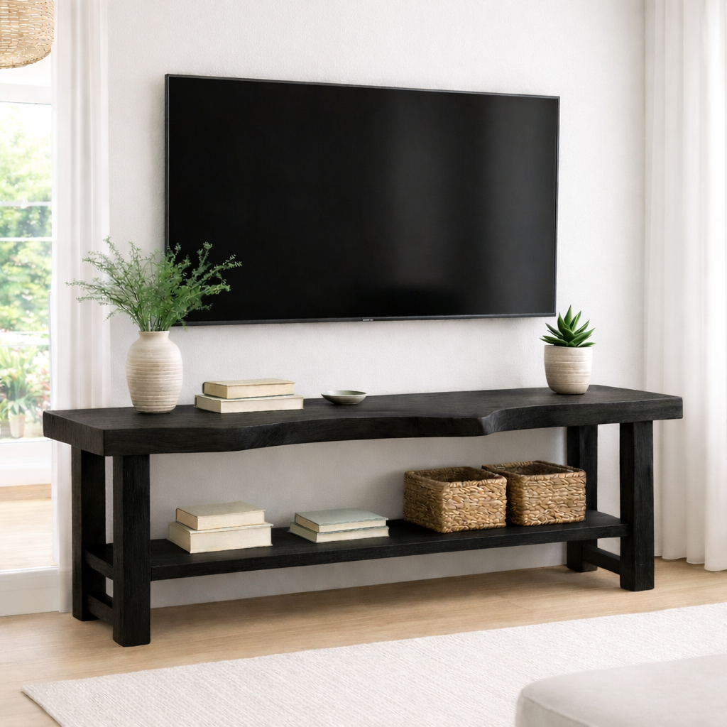 Live Edge Solid Wood TV Stand with Shelf – Rustic Walnut Media Console Table