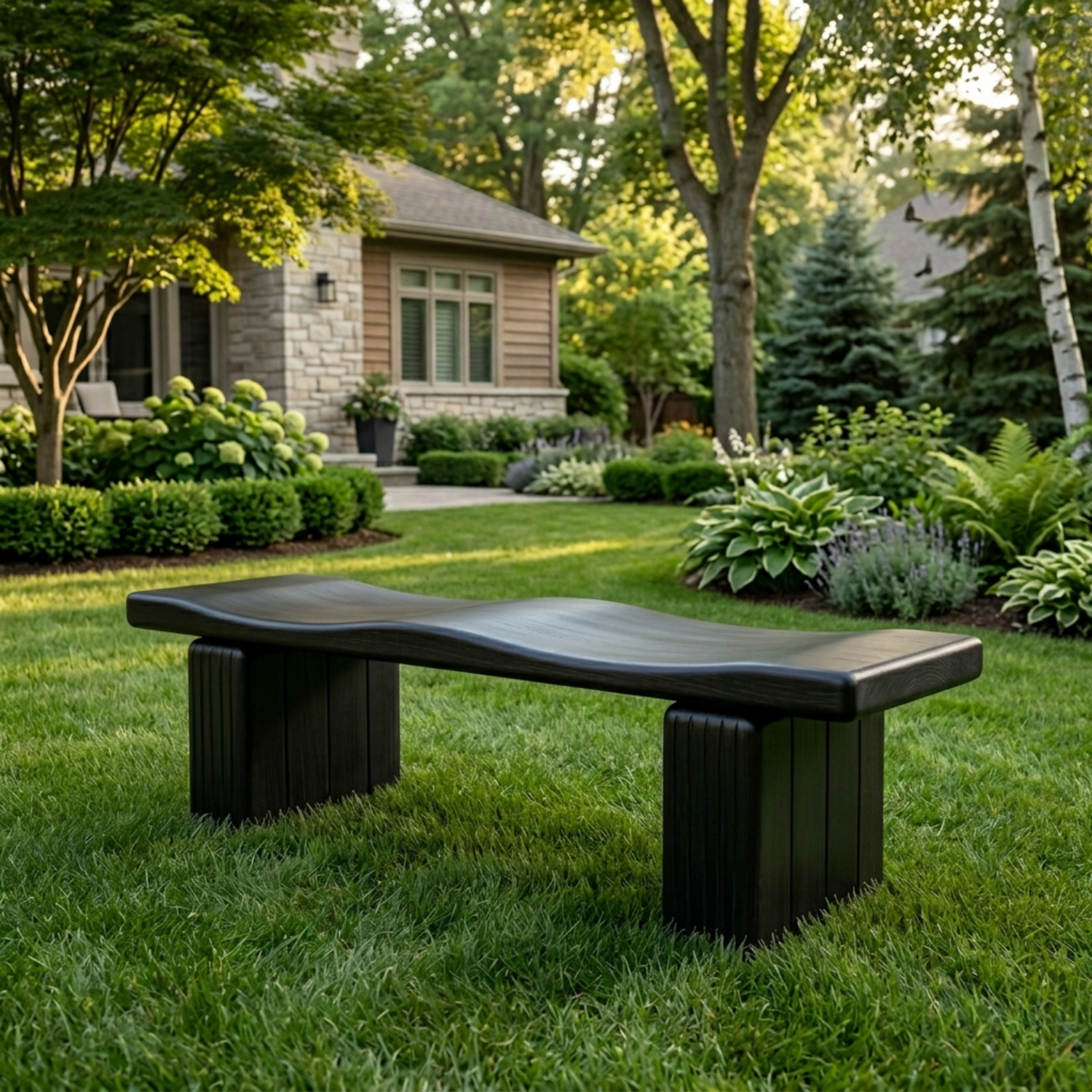 Solid Wood Outdoor Bench with Sculpted Wave Seat and Fluted Block Legs