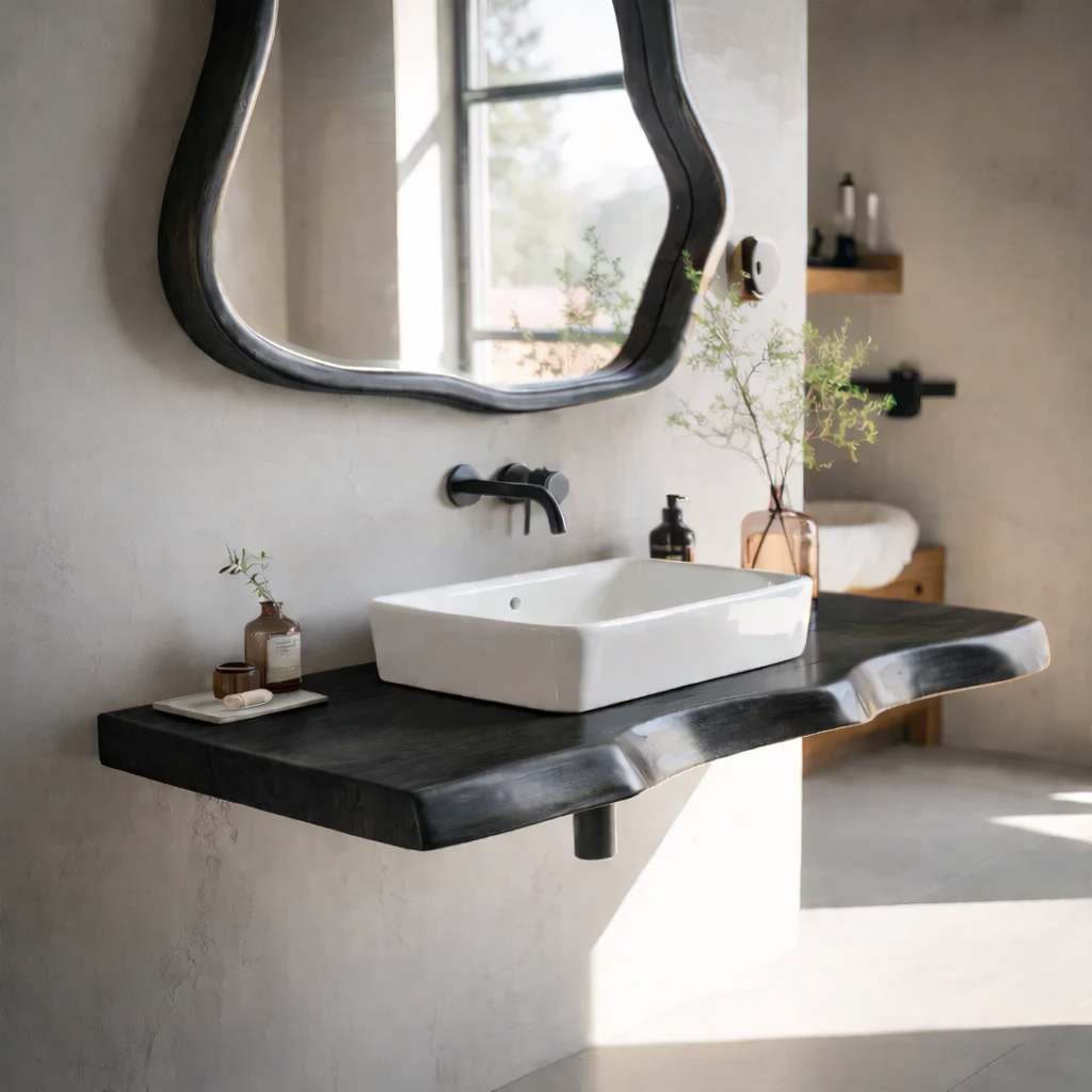 Live Edge Oak Floating Bathroom Vanity Shelf with Natural Finish