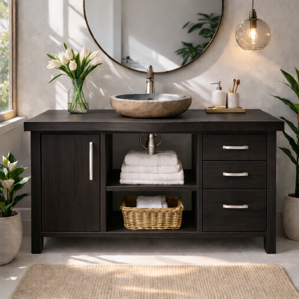 Modern Solid Wood Bathroom Vanity with Side Cabinet, Three Drawers and Open Display Shelving