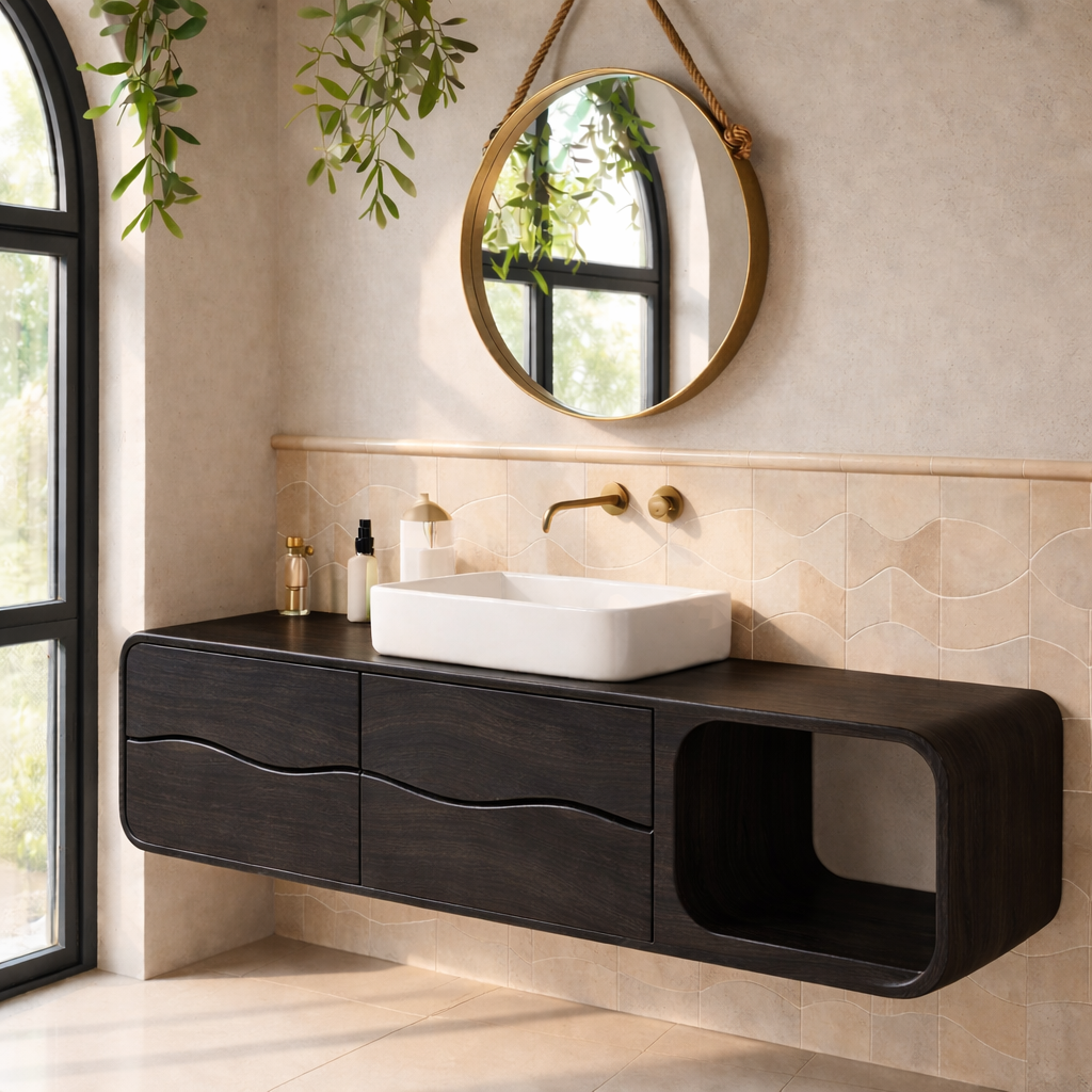 Floating Solid Wood Bathroom Vanity with Drawers and Open Shelf