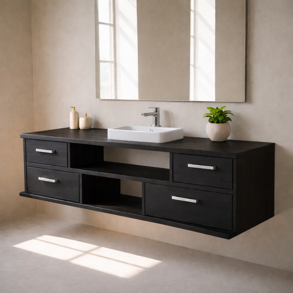 Floating Solid Wood Bathroom Vanity with Drawers and Open Shelf for Modern Bathrooms
