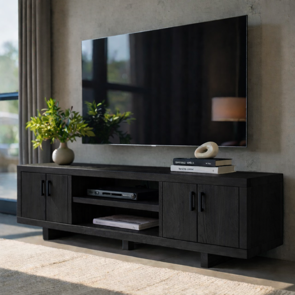 Modern Solid Wood TV Stand with Storage Cabinets and Open Media Shelf