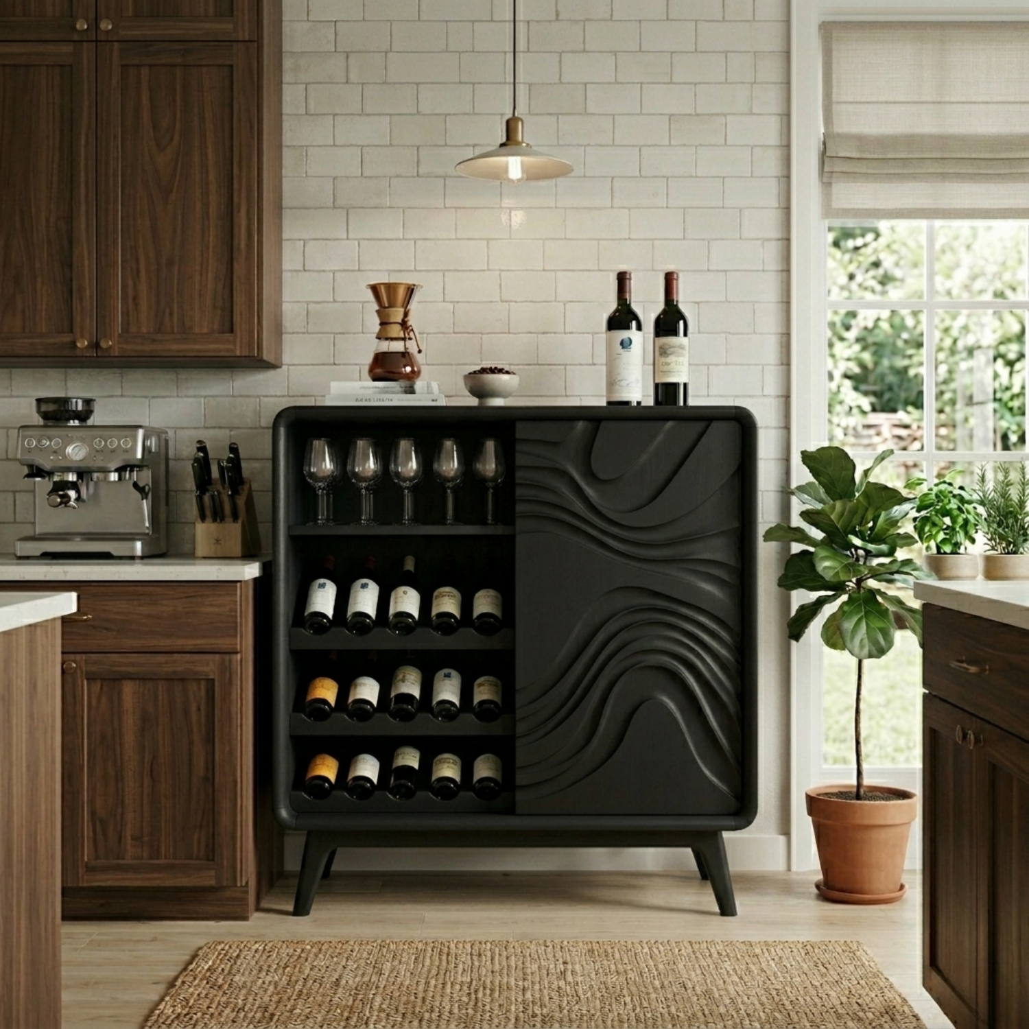 Handcrafted Solid Wood Wine Cabinet with Wave Pattern Storage and Glassware Holder