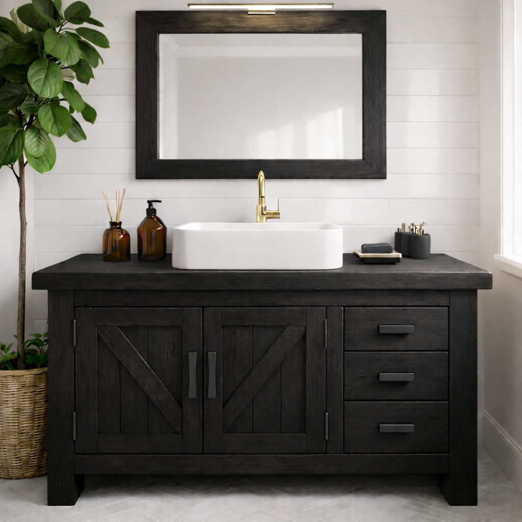 Rustic Farmhouse Solid Wood Bathroom Vanity with Double Barn Doors and Three Side Drawers