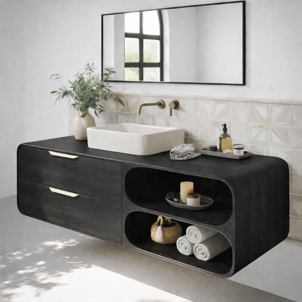 Floating Solid Wood Bathroom Vanity with Drawers and Open Curved Shelves for Modern Bathrooms