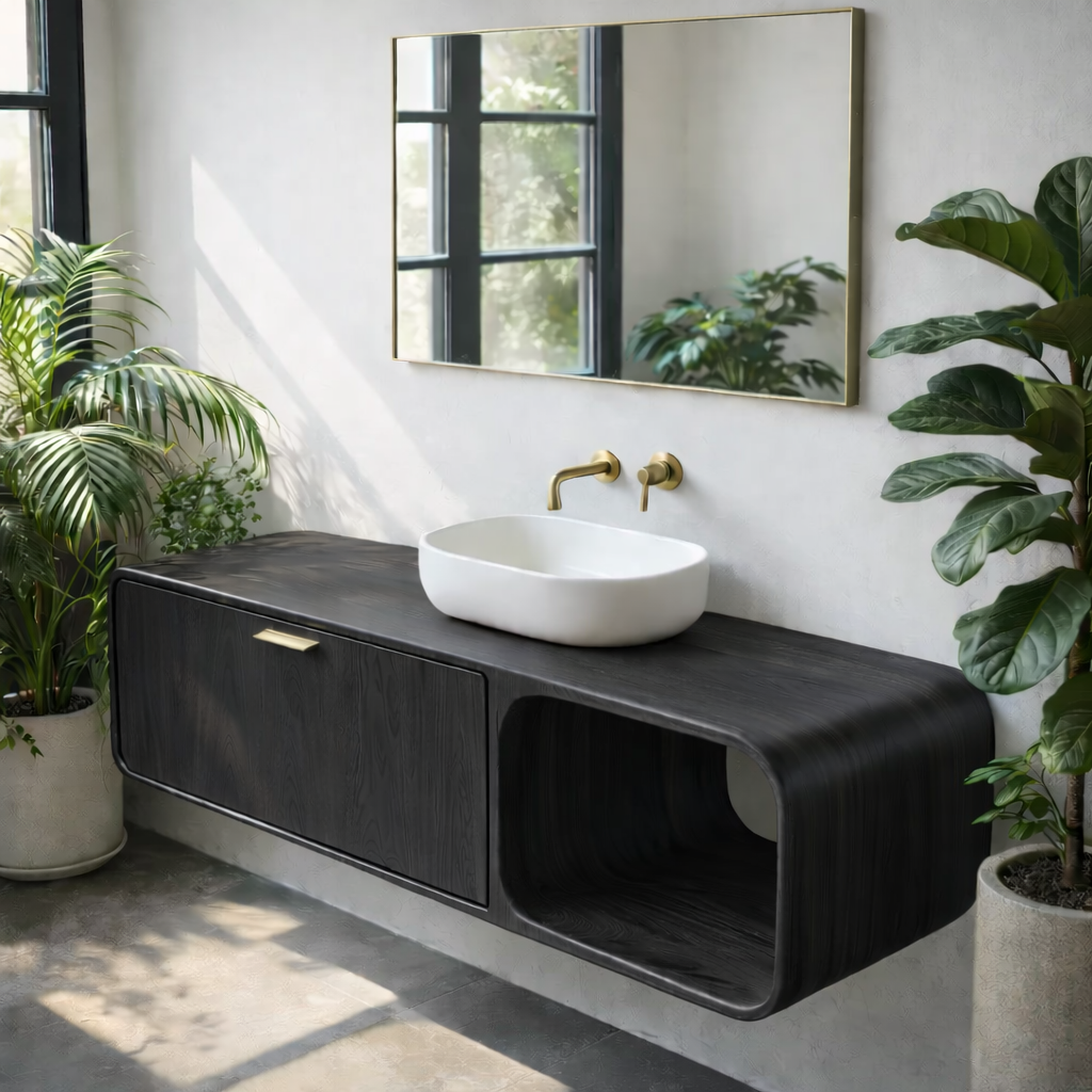 Contemporary Solid Wood Floating Bathroom Vanity with Open Side Shelf