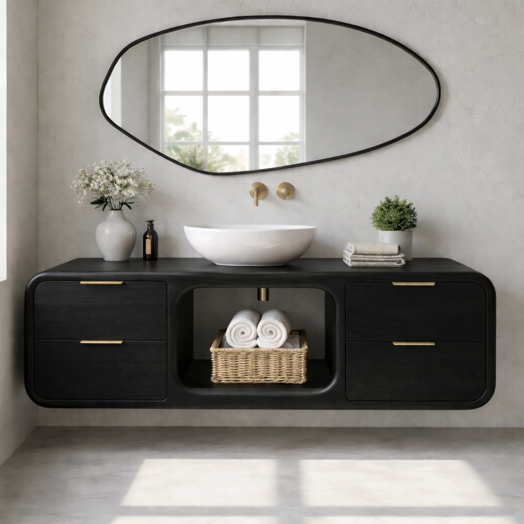 Modern Floating Solid Wood Bathroom Vanity with Open Center Shelf and Drawer Storage