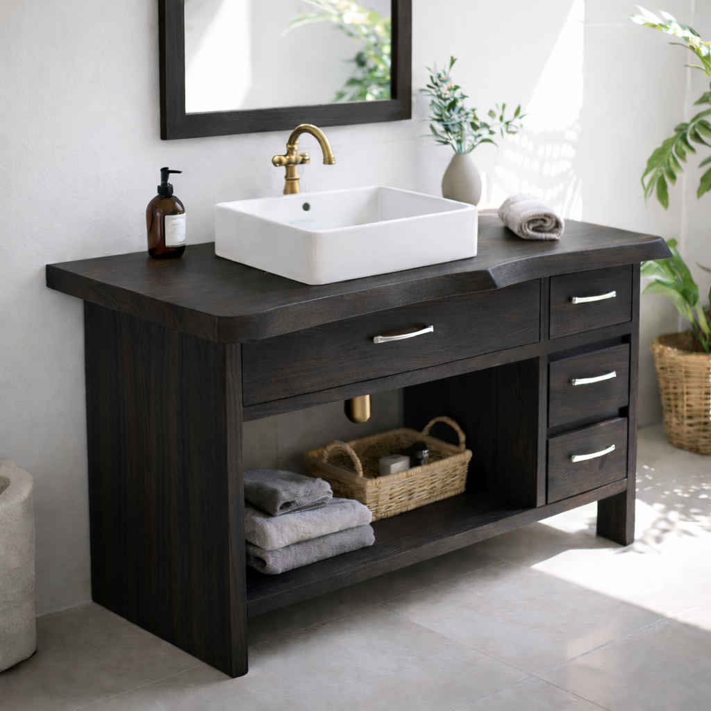 Modern Solid Wood Bathroom Vanity with Multiple Drawers and Open Storage Shelf