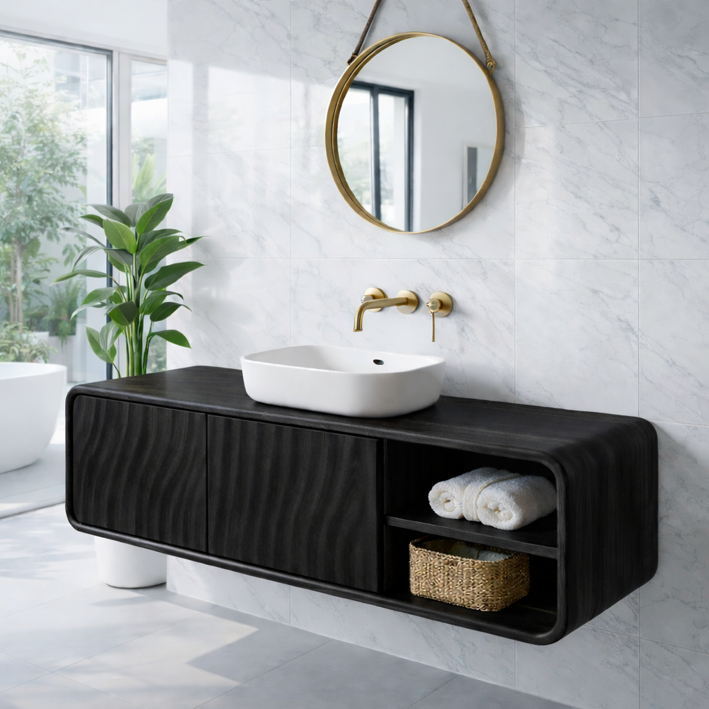 Modern Floating Solid Wood Bathroom Vanity with Wave Grain Cabinet Doors