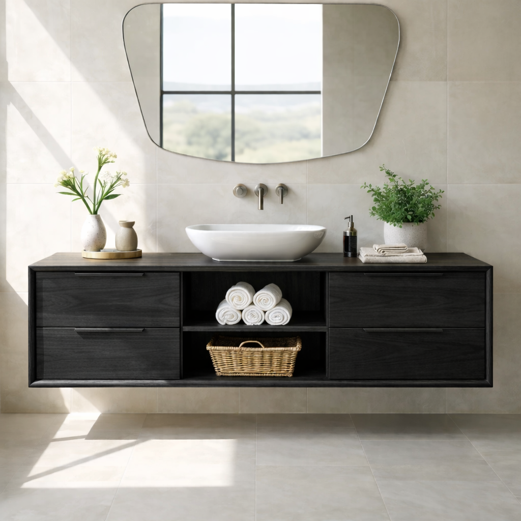 Modern Floating Oak Bathroom Vanity with Open Shelf and Double Drawer Storage