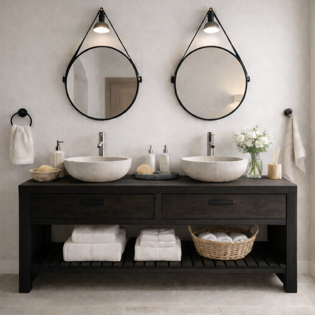 Scandinavian Solid Wood Double Sink Bathroom Vanity with Dual Drawers and Slatted Open Shelf