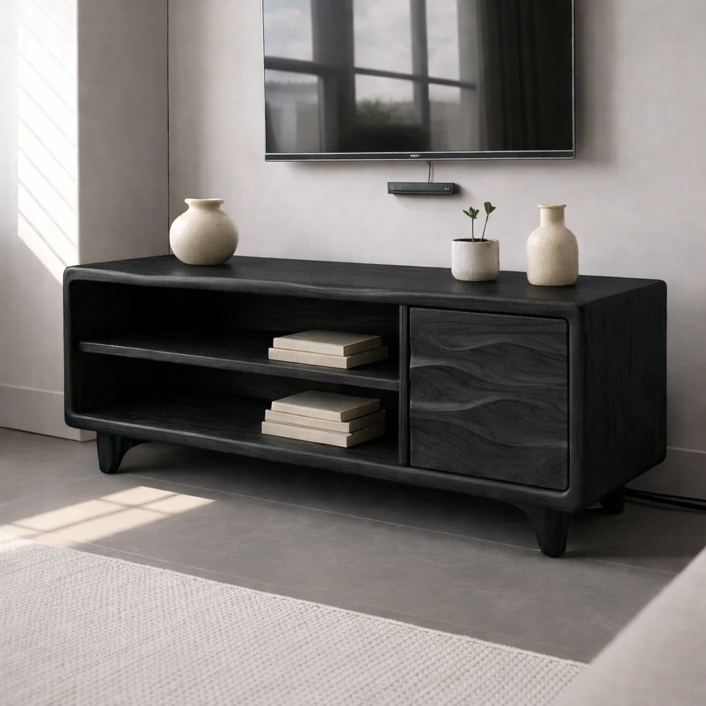Modern Solid Wood TV Stand with Open Shelves and Wave Grain Cabinet Door