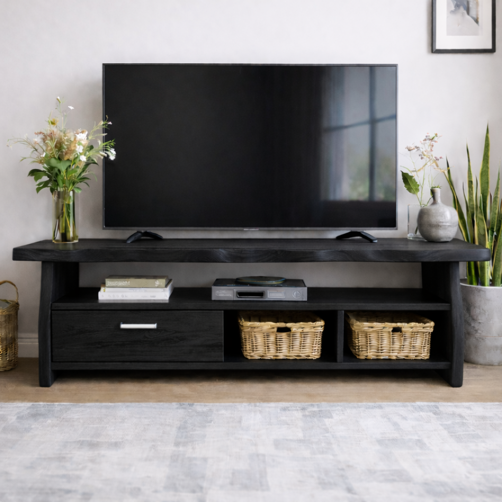 Mid-Century Solid Wood TV Stand with Drawer and Open Storage Shelves